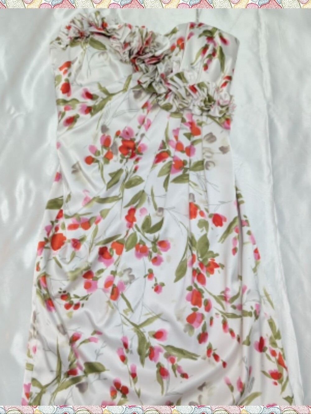 Strapless Satin Floral Dress Red and Pink Blooms Size 8 Engagement